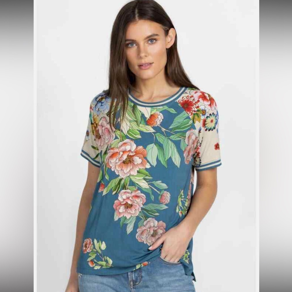 Johnny Was Romano Raglan Short Floral Tee Shirt Flower Rose Blue Top Large